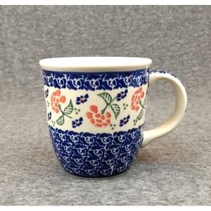 Polish Pottery Boleslawiec Coffee Mug 12oz Blue Floral Orange Carnation NWOT‎